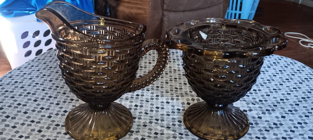 Vintage Glass Smoke Basketweave Sugar Compote & Creamer. No Lid